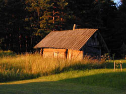 Small outhouse on the Lithuanian countryside in the evening sun