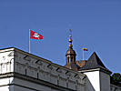 Vilnius, Kungliga slottet med fanor, statsvapnet och Litauens flagga