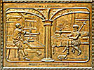 The Library door, plaque depicting printers shop